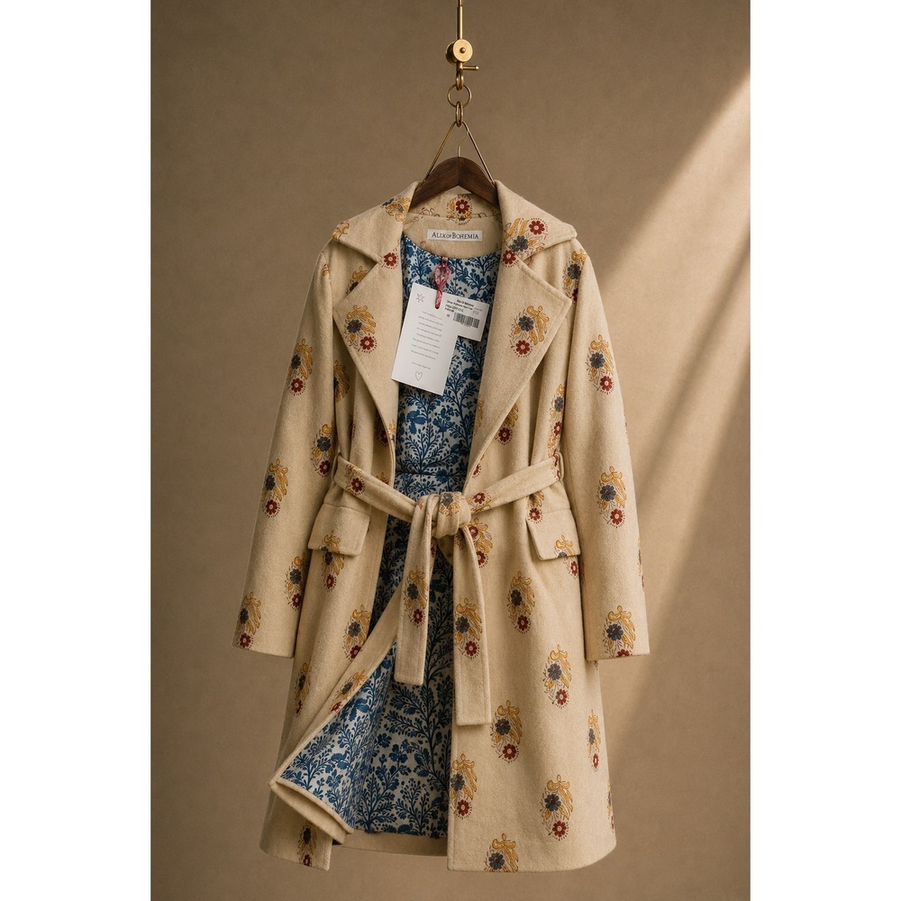 NWT Alix of Bohemia Fireflower Officer‎ Coat XS Hand-Printed Wool Trench Belted